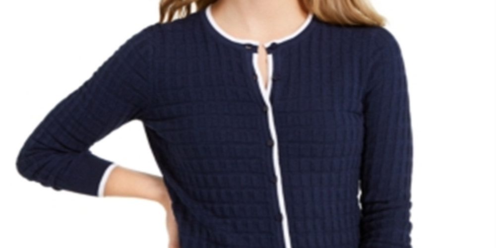 Charter Club Women's Textured Button Down Cardigan Sweater Blue Size Medium