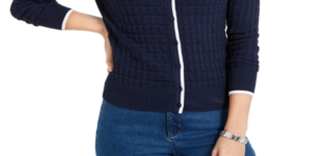 Charter Club Women's Textured Button Down Cardigan Sweater Blue Size Medium