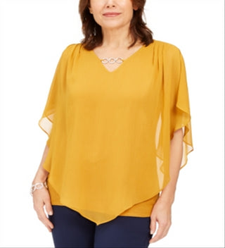 JM Collection Women's Asymmetrical Chiffon Top Yellow Size Small