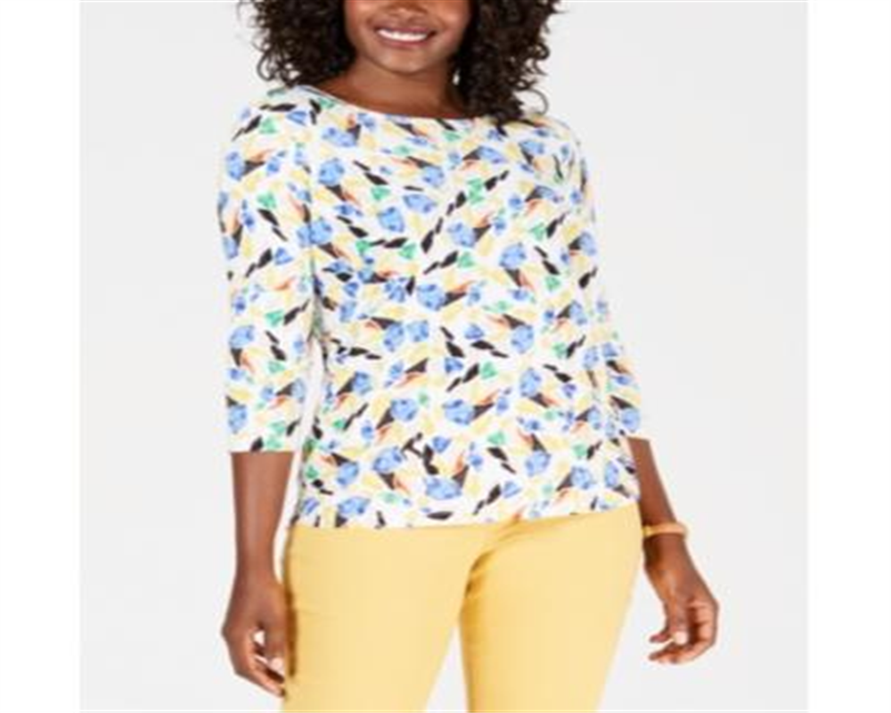 JM Collection Women's 3/4 Sleeve Printed Jacquard Top White Size Small