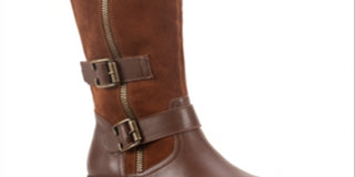 American Rag Womens Brown Strap Detail Zipper Accent Buckle Accent Collins Round Toe Block Heel Zip-up Leather Boots 8.5 M