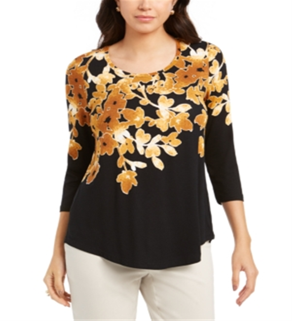 JM Collection Women's Printed Scoop Neck Top Yellow Size X-Small