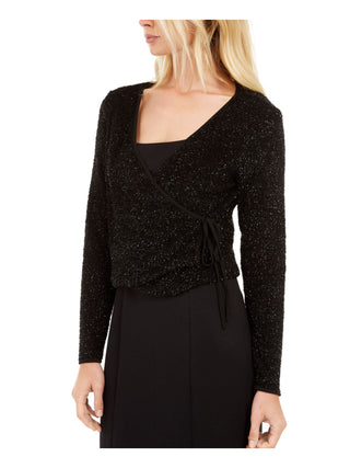 Calvin Klein Women's Glitter Long Sleeve V Neck Wrap Party Sweater Black Size Large