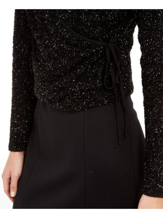 Calvin Klein Women's Glitter Long Sleeve V Neck Wrap Party Sweater Black Size Large