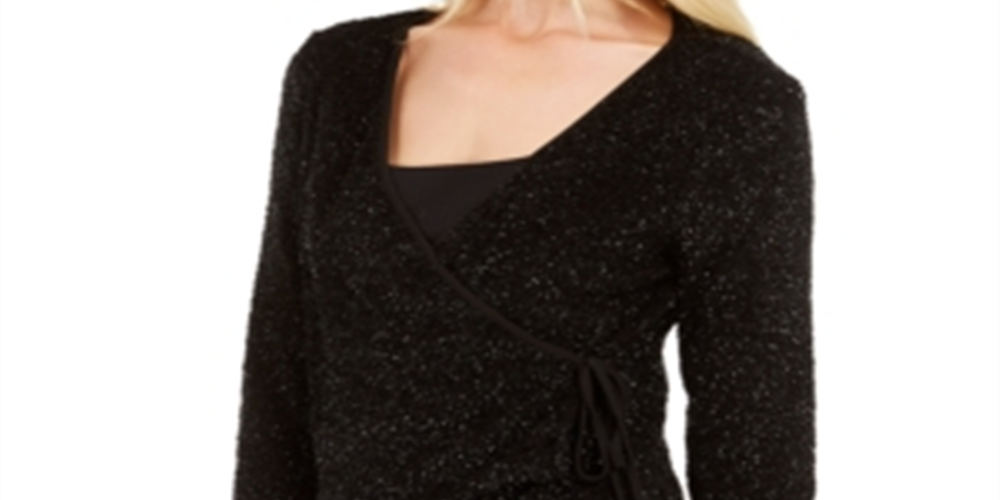 Calvin Klein Women's Glitter Long Sleeve V Neck Wrap Party Sweater Black Size Large