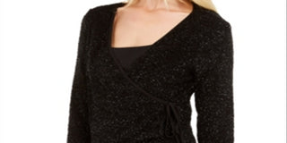 Calvin Klein Women's Glitter Long Sleeve V Neck Wrap Party Sweater Black Size Large