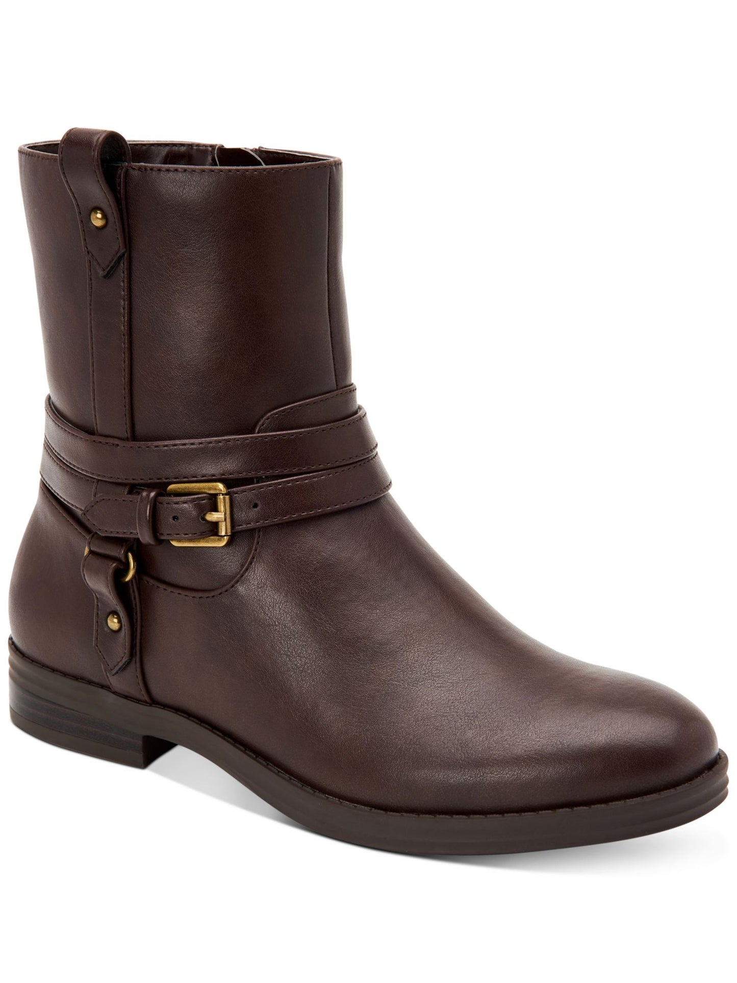 Style Company Womens Brown Buckle Accent Padded State Round Toe Block Heel Zip-up Booties 5.5 M