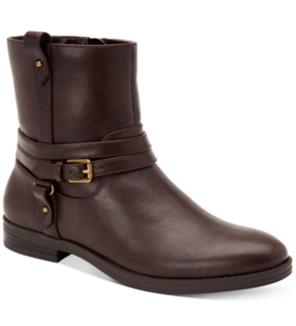 Style Company Womens Brown Buckle Accent Padded State Round Toe Block Heel Zip-up Booties 5.5 M
