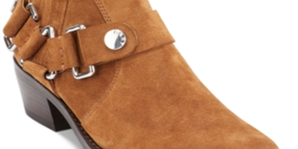 Dkny Womens Brown Harness Strap Geometric Hardware Stretch Gore Padded Mina Square Toe Block Heel Zip-up Leather Booties 6 M