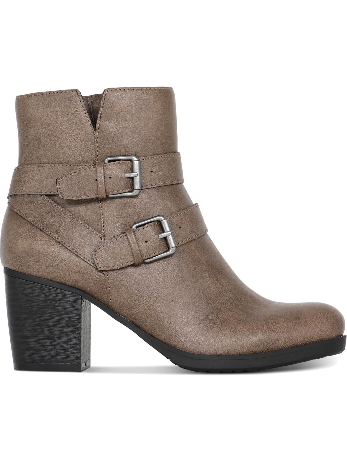 Style & Co Women's Side Buckles Notched Topline Strappy Fortunata Almond Toe Block Heel Zip up Booties Brown Size 7.5 M