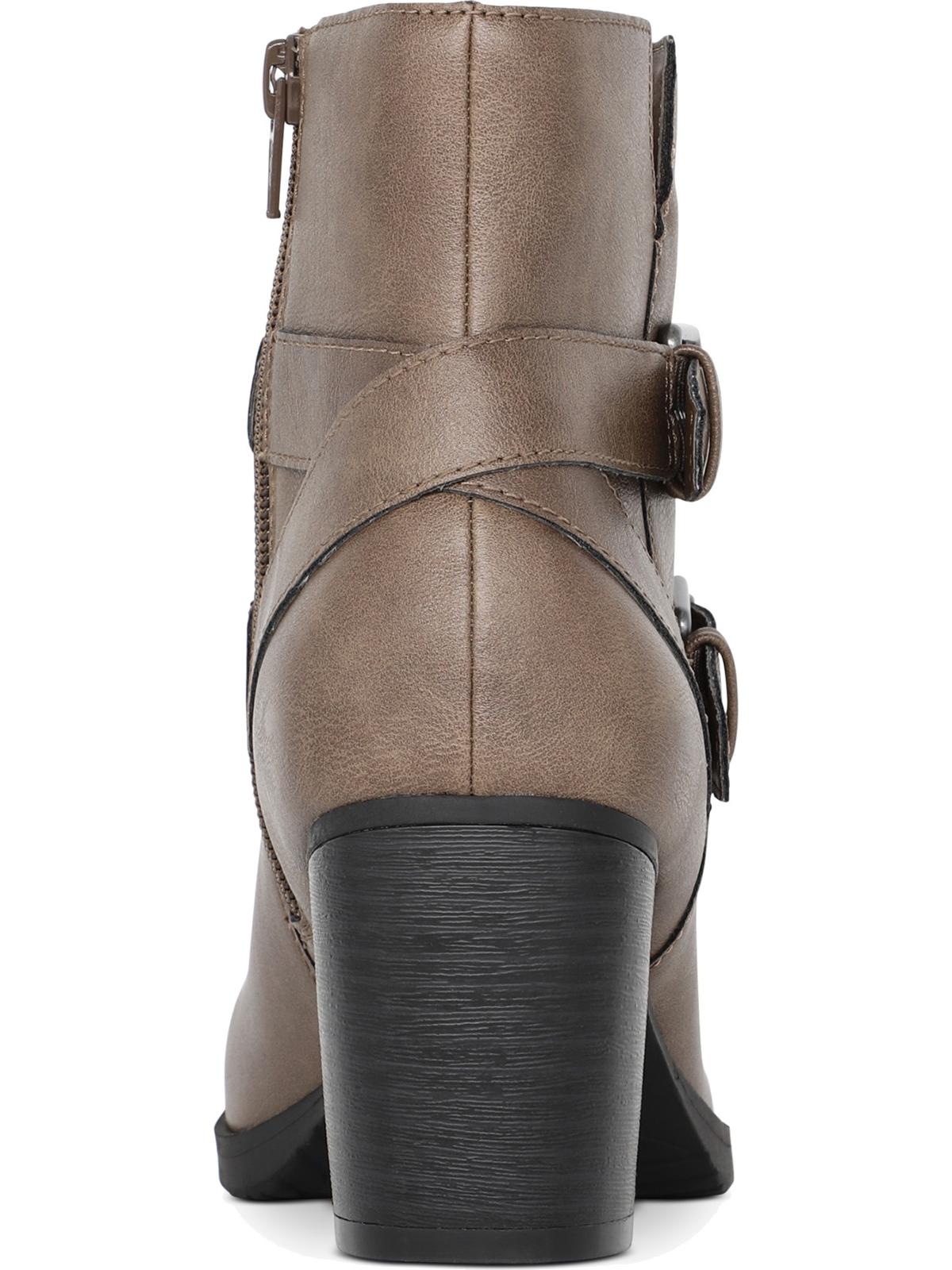 Style & Co Women's Side Buckles Notched Topline Strappy Fortunata Almond Toe Block Heel Zip up Booties Brown Size 7.5 M