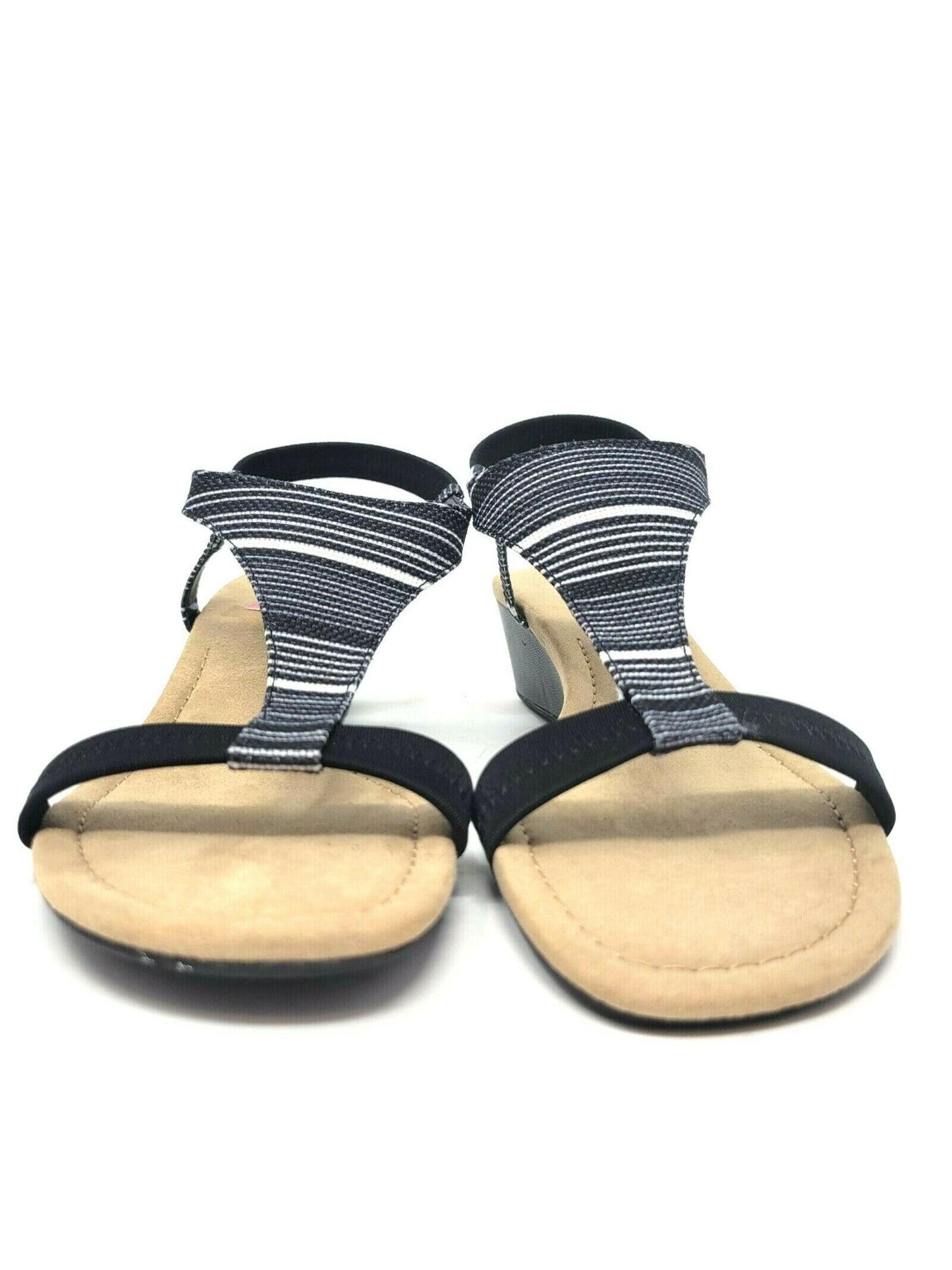 Alfani Womens Black Striped Paddeed Stretch T-Strap Vacanzaa Round Toe Wedge Slip on Sandals 6 M