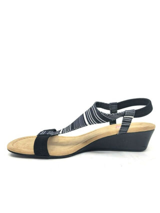 Alfani Womens Black Striped Paddeed Stretch T-Strap Vacanzaa Round Toe Wedge Slip on Sandals 6 M
