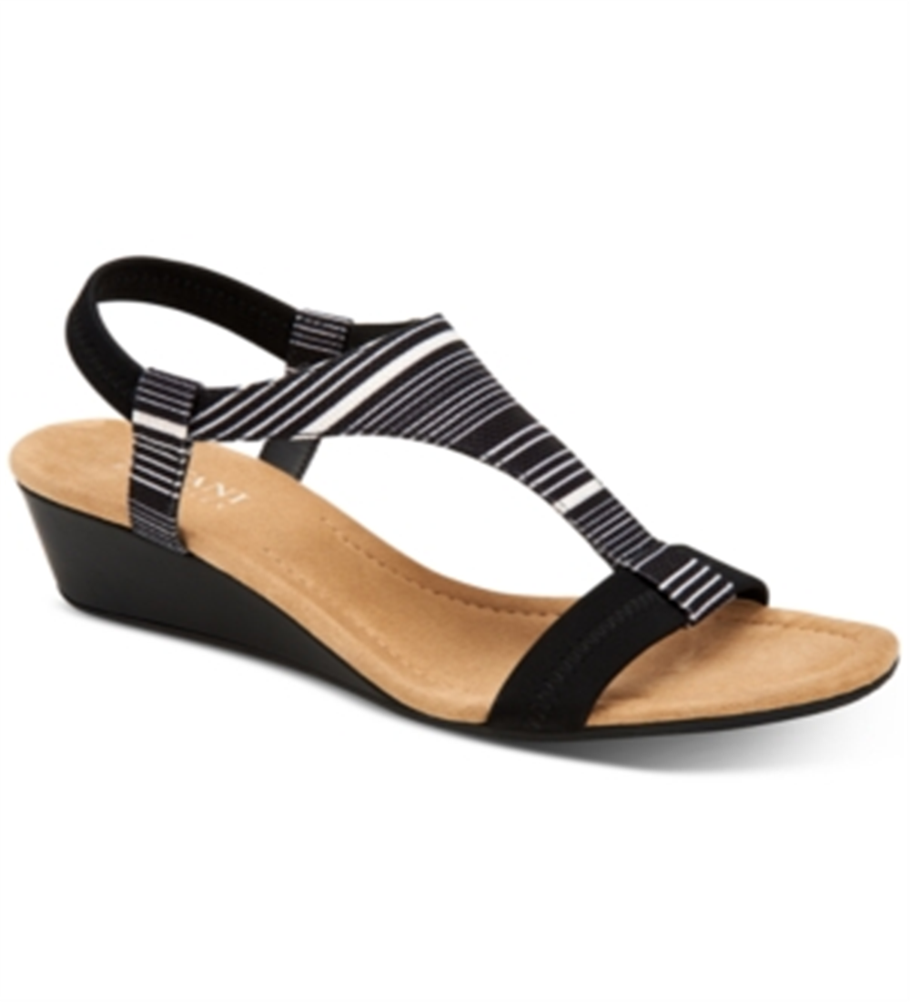 Alfani Womens Black Striped Paddeed Stretch T-Strap Vacanzaa Round Toe Wedge Slip on Sandals 6 M