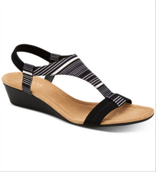 Alfani Womens Black Striped Paddeed Stretch T-Strap Vacanzaa Round Toe Wedge Slip on Sandals 6 M