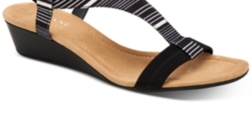 Alfani Womens Black Striped Paddeed Stretch T-Strap Vacanzaa Round Toe Wedge Slip on Sandals 6 M
