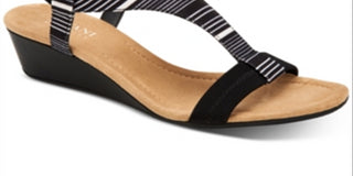 Alfani Womens Black Striped Paddeed Stretch T-Strap Vacanzaa Round Toe Wedge Slip on Sandals 6 M