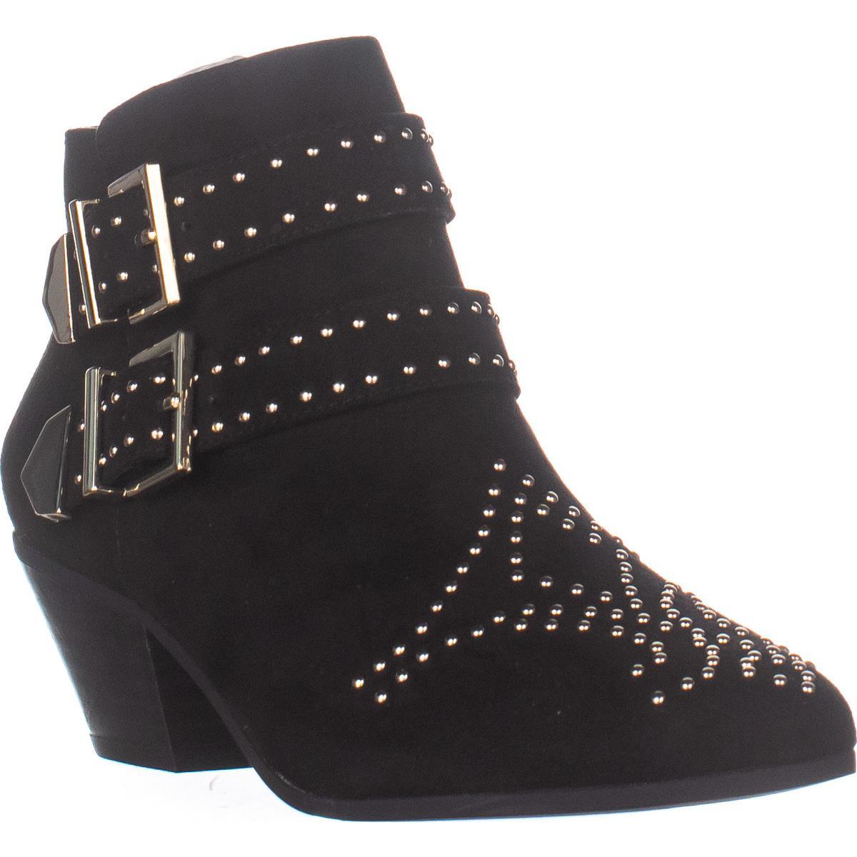 INC International Concepts Women's Studded Comfort Buckle Accent Cushioned Iliana Almond Toe Block Heel Zip up Booties Black Size 6.5 M