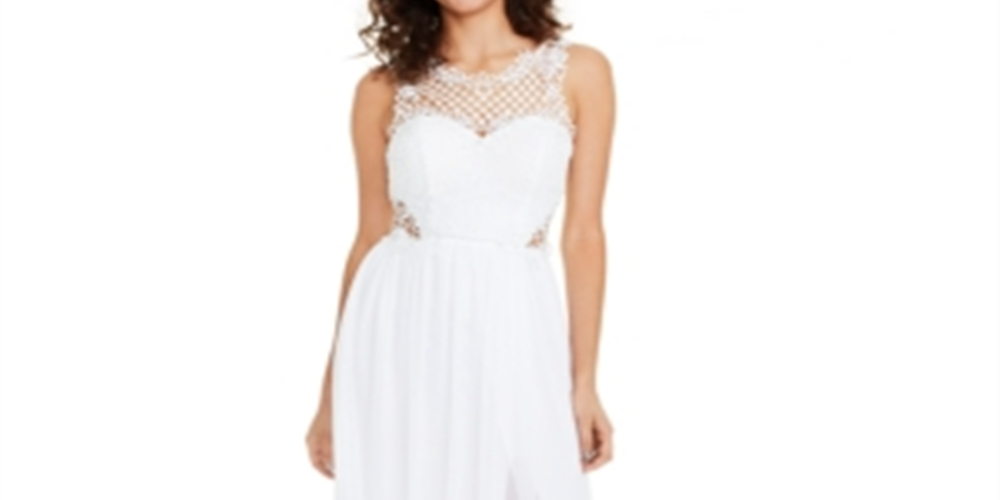 City Studios Women's Zippered Beaded Sleeveless Illusion Neckline Full Length Fit Flare Formal Dress White Size 7