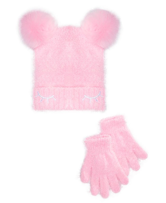 ABG Big Girl's 2 Pc Faux Fur Poms Hat & Gloves Set Pink Size 7-14