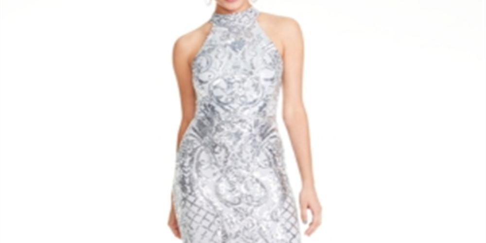 B Darlin Women's Sequined Patterned Halter Full Length Party Mermaid Dress Gray Size 5\6