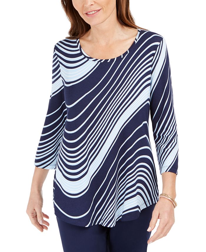 JM Collection Women's Swirl-Print 3/4-Sleeve T-Shirt Blue Size Small