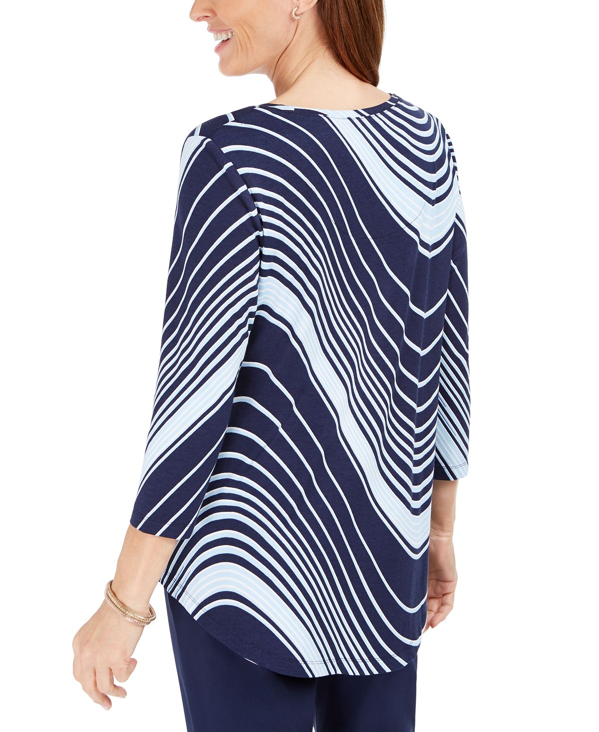 JM Collection Women's Swirl-Print 3/4-Sleeve T-Shirt Blue Size Small