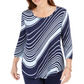 JM Collection Women's Swirl-Print 3/4-Sleeve T-Shirt Blue Size Small