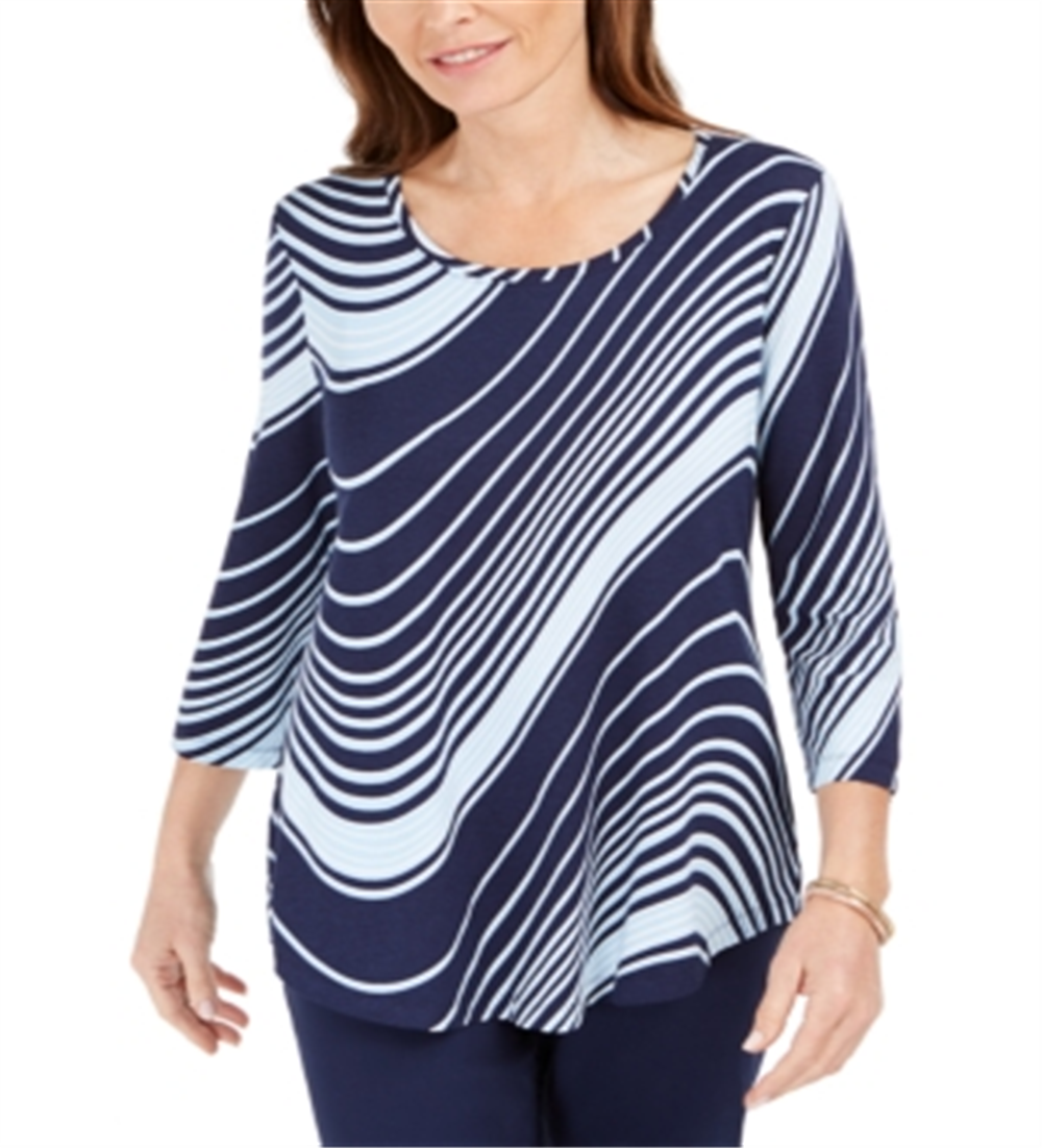 JM Collection Women's Swirl-Print 3/4-Sleeve T-Shirt Blue Size Small