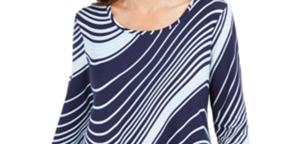 JM Collection Women's Swirl-Print 3/4-Sleeve T-Shirt Blue Size Small