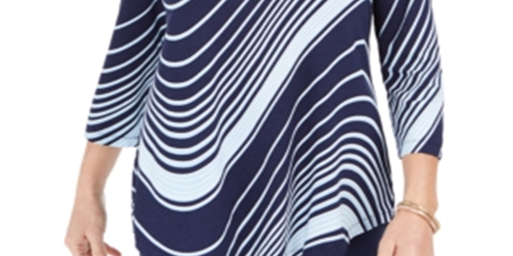 JM Collection Women's Swirl-Print 3/4-Sleeve T-Shirt Blue Size Small