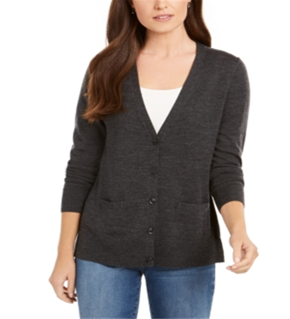 Charter Club Women's Merino Wool V Neck Cardigan Gray Size Small