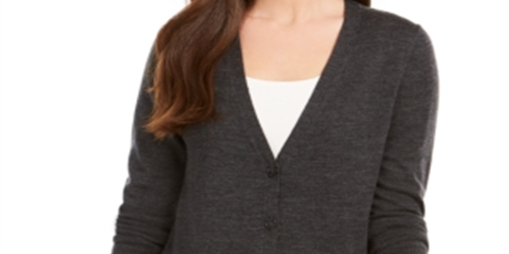 Charter Club Women's Merino Wool V Neck Cardigan Gray Size Small
