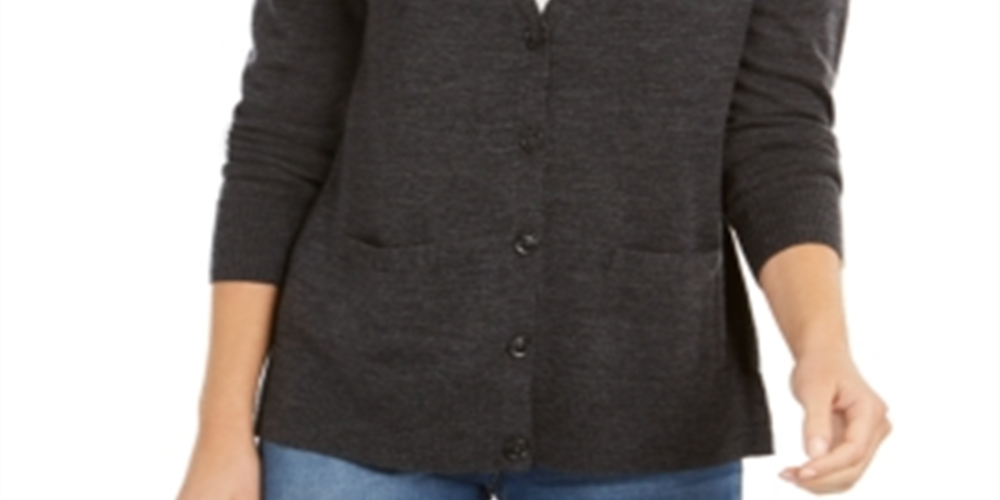 Charter Club Women's Merino Wool V Neck Cardigan Gray Size Small