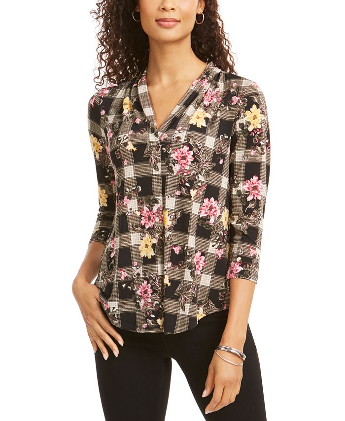 Charter Club Women's Floral V Neck Top Black Size Small