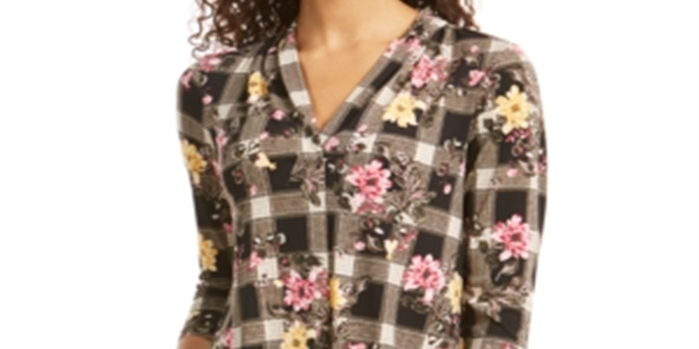 Charter Club Women's Floral V Neck Top Black Size Small