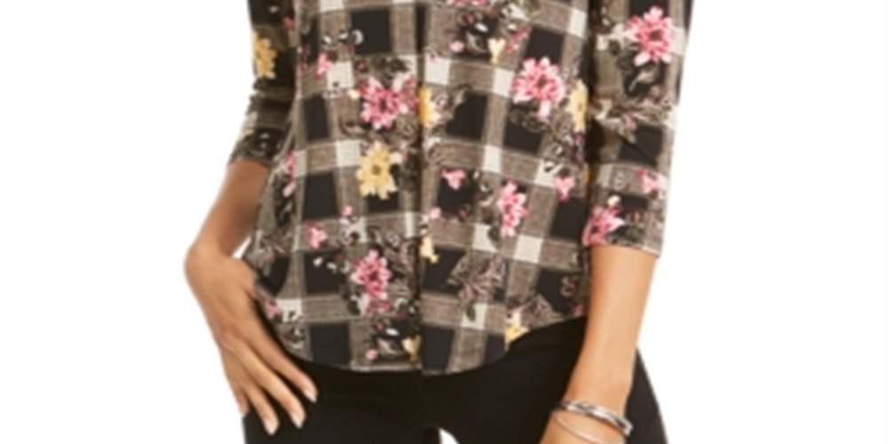 Charter Club Women's Floral V Neck Top Black Size Small