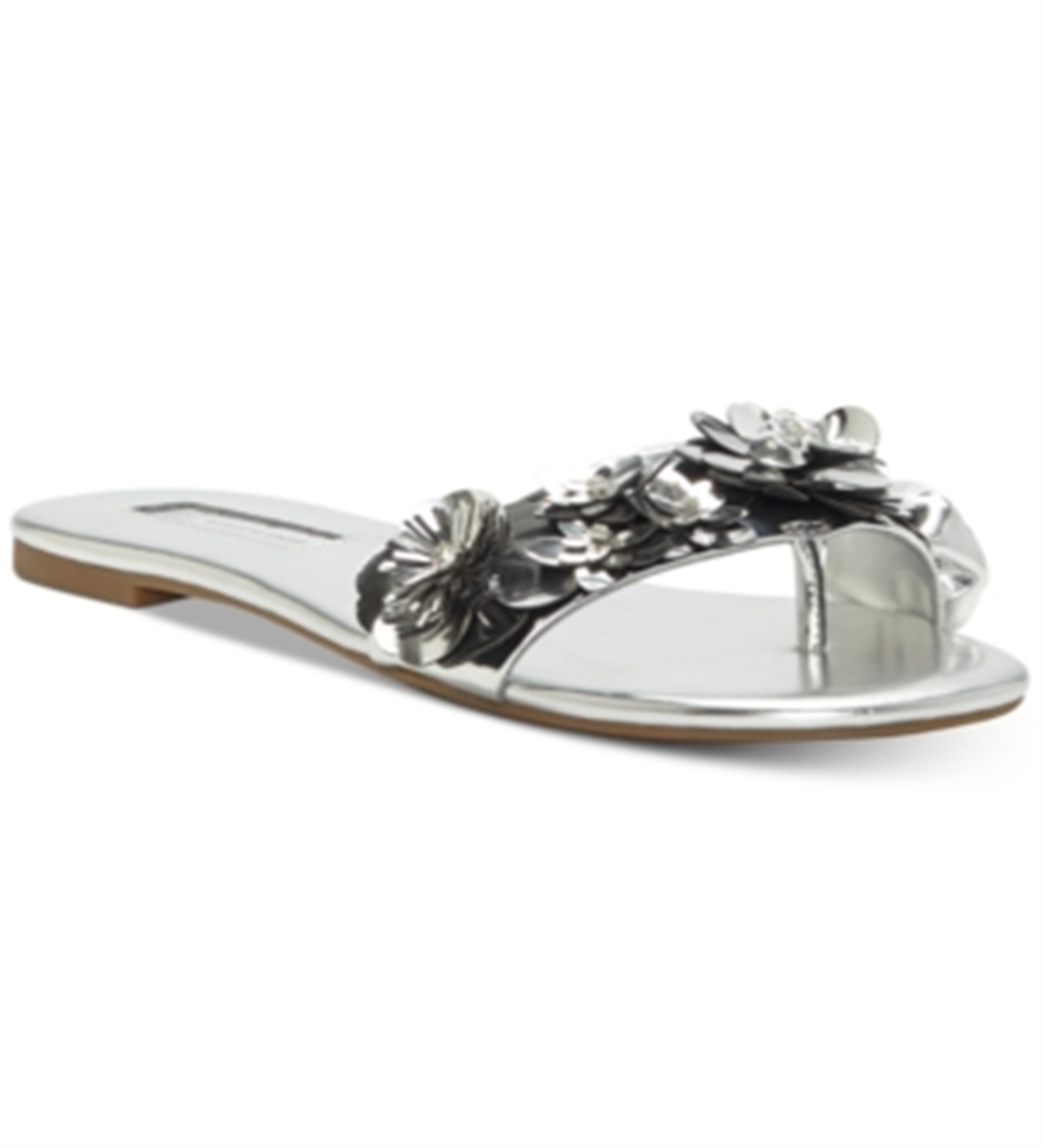 INC International Concepts Women's Millay Floral Slip on Flat Sandals Silver Size 8 M