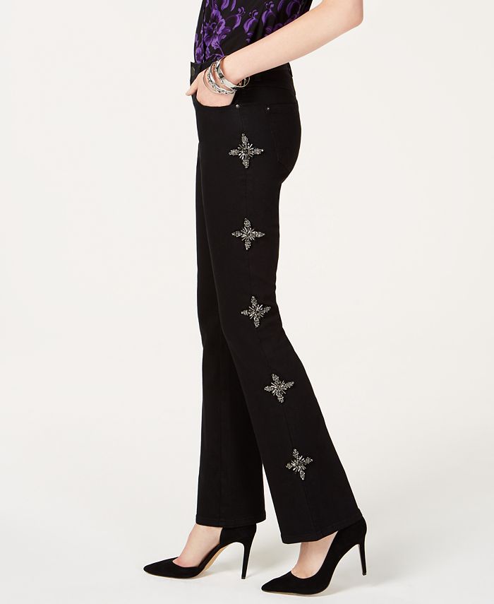 INC International Concepts Women's Rhinestone-Embellished Bootcut Jeans Black Size 4