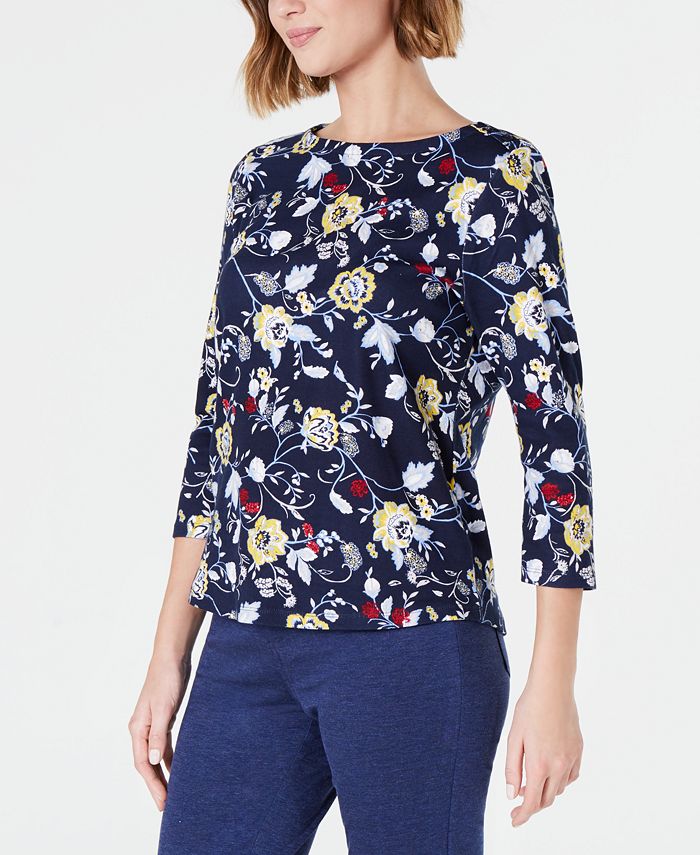 Charter Club Women's Printed Cotton Boat-Neck Top Blue Size 2XL