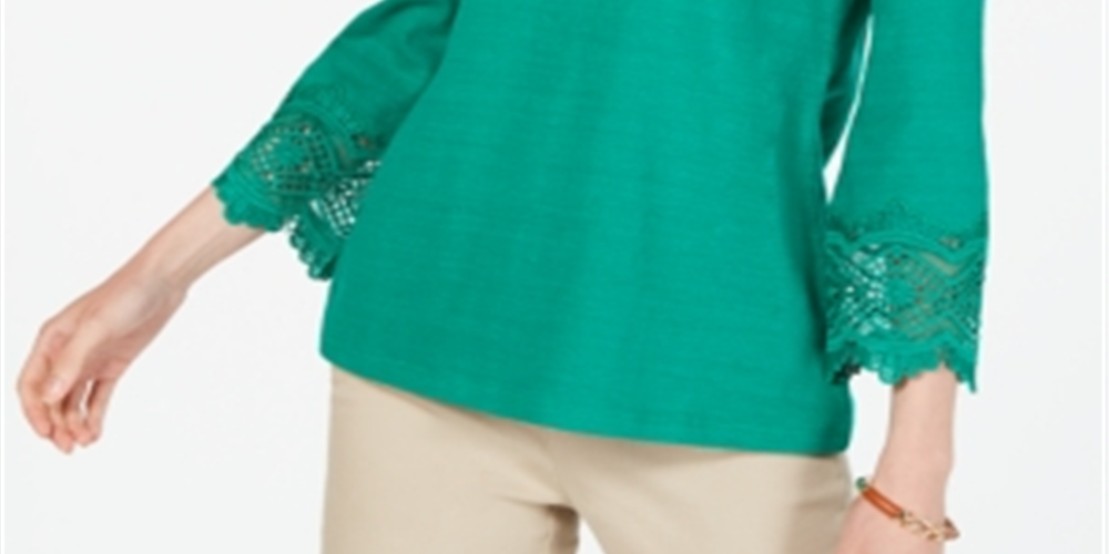 Charter Club Women's Cotton Lace Trim Top Green Size Petite Small