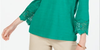 Charter Club Women's Cotton Lace Trim Top Green Size Petite Small