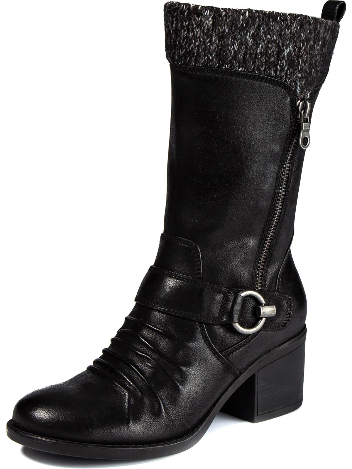 Baretraps Women's Padded Zipper Accent Sweater Collar Buckle Accent Ruched Wylla Round Toe Block Heel Zip up Boots Black Size 6 M