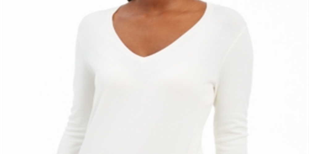 JM Collection Women's Button Cuff V Neck Pullover Sweater White Size Small