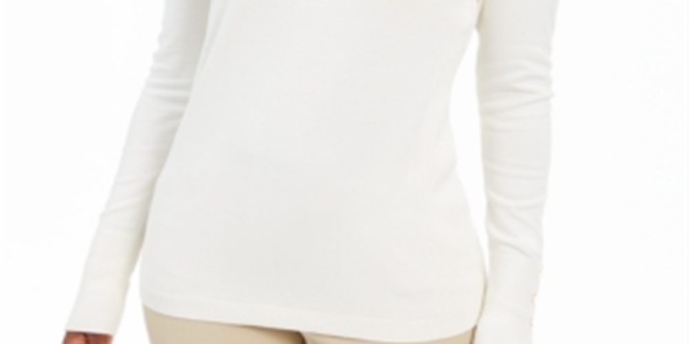JM Collection Women's Button Cuff V Neck Pullover Sweater White Size Small