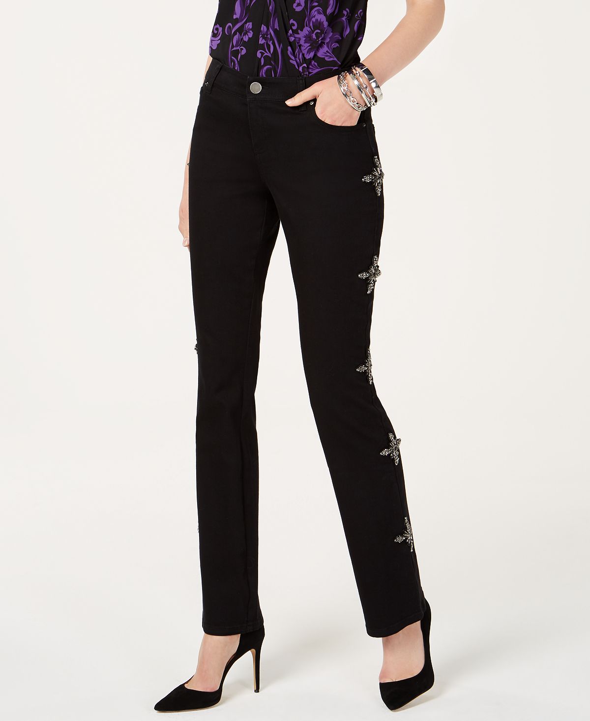 INC International Concepts Women's Rhinestone-Embellished Bootcut Jeans Black Size 0