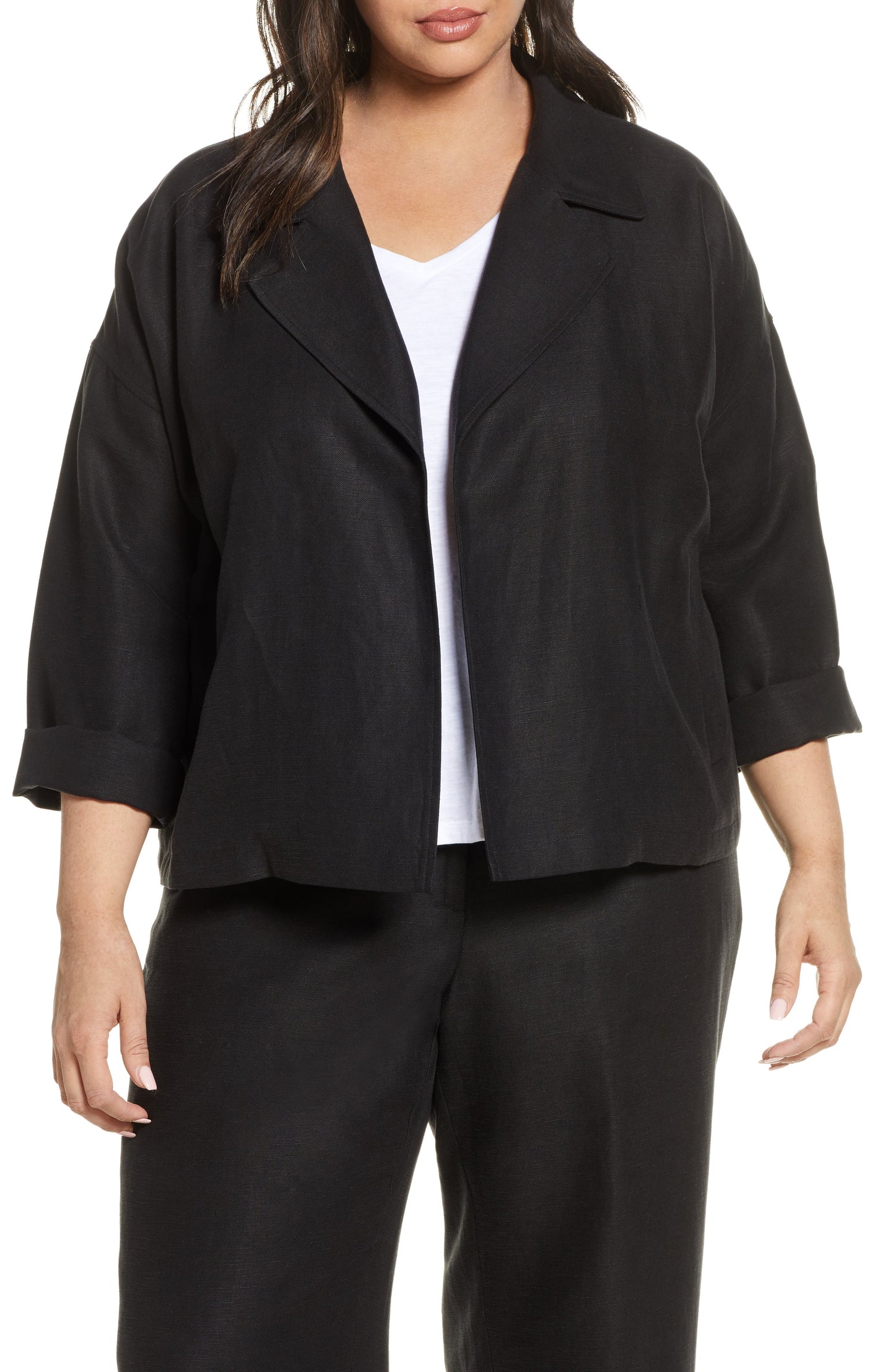 Eileen Fisher Womens Black Pocketed Long Sleeve Open Front Wear to Work Blazer Jacket Plus 1X