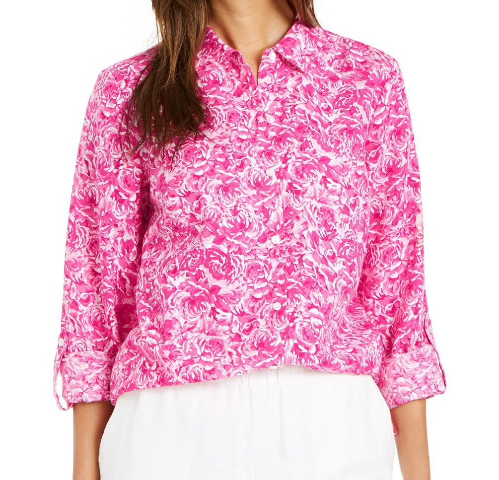 Charter Club Women's Linen Printed Blouse Pink Size Medium