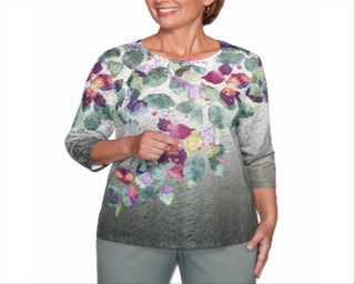 Alfred Dunner Women's Loire Valley Falling Leaves Tee Gray Size Petite Medium