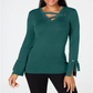 JM Collection Women's Grommet Trim V Neck Top Green Size Large